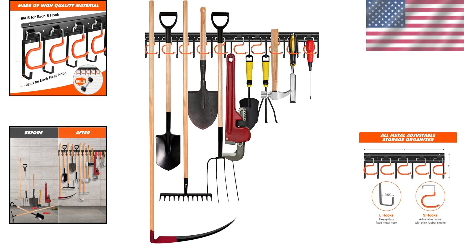 Adjustable Garage Tool Organizer – Wall-Mount, 66 lb Capacity, Iron Construction