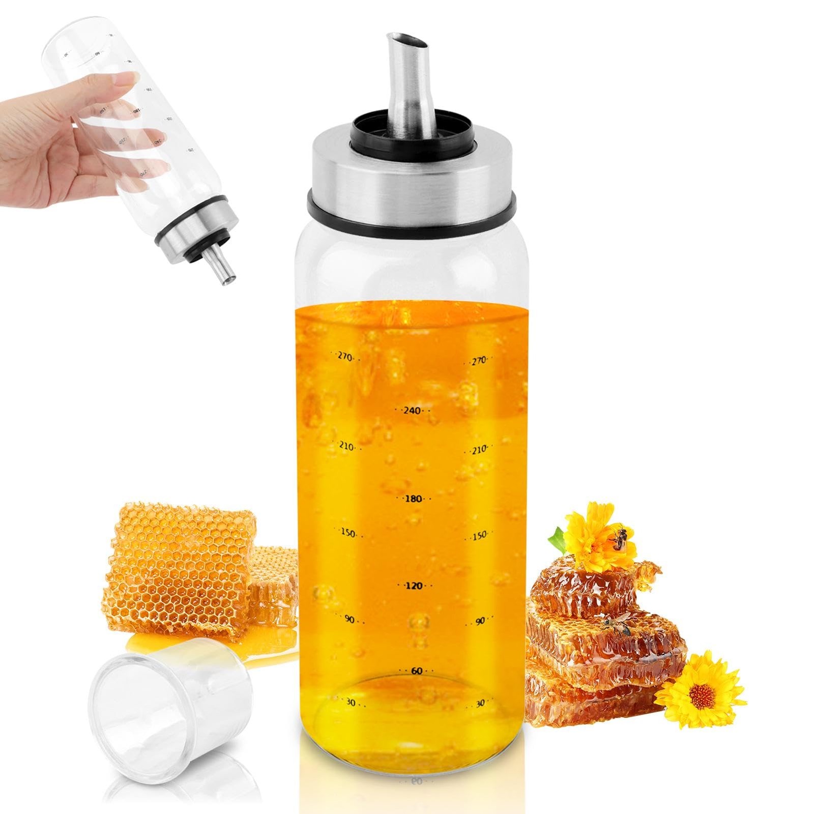 Honey Dispenser No Drip, 10 OZ Honey Jar Maple Syrup Dispenser, Glass Honey