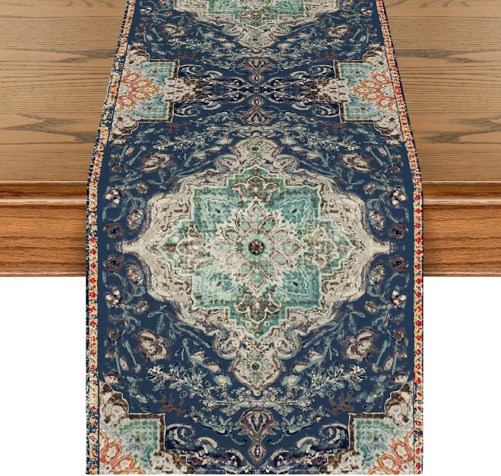Boho Blue Table Runner 13×72 Inch Rustic Farmhouse Winter Dining Table Decor