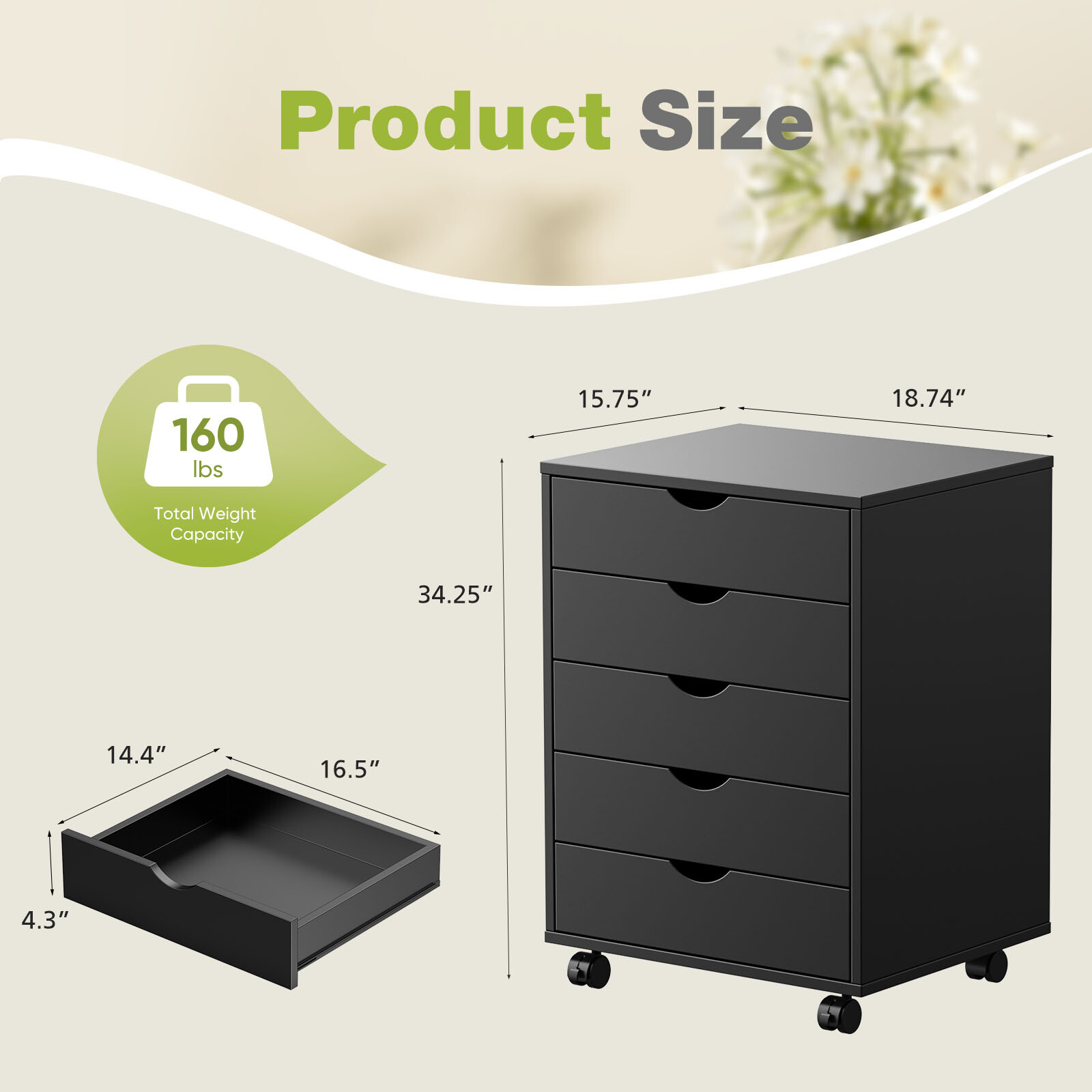 Office Document Drawer Cabinet, 5 Drawers/7 Drawers, Movable Storage Cabinet