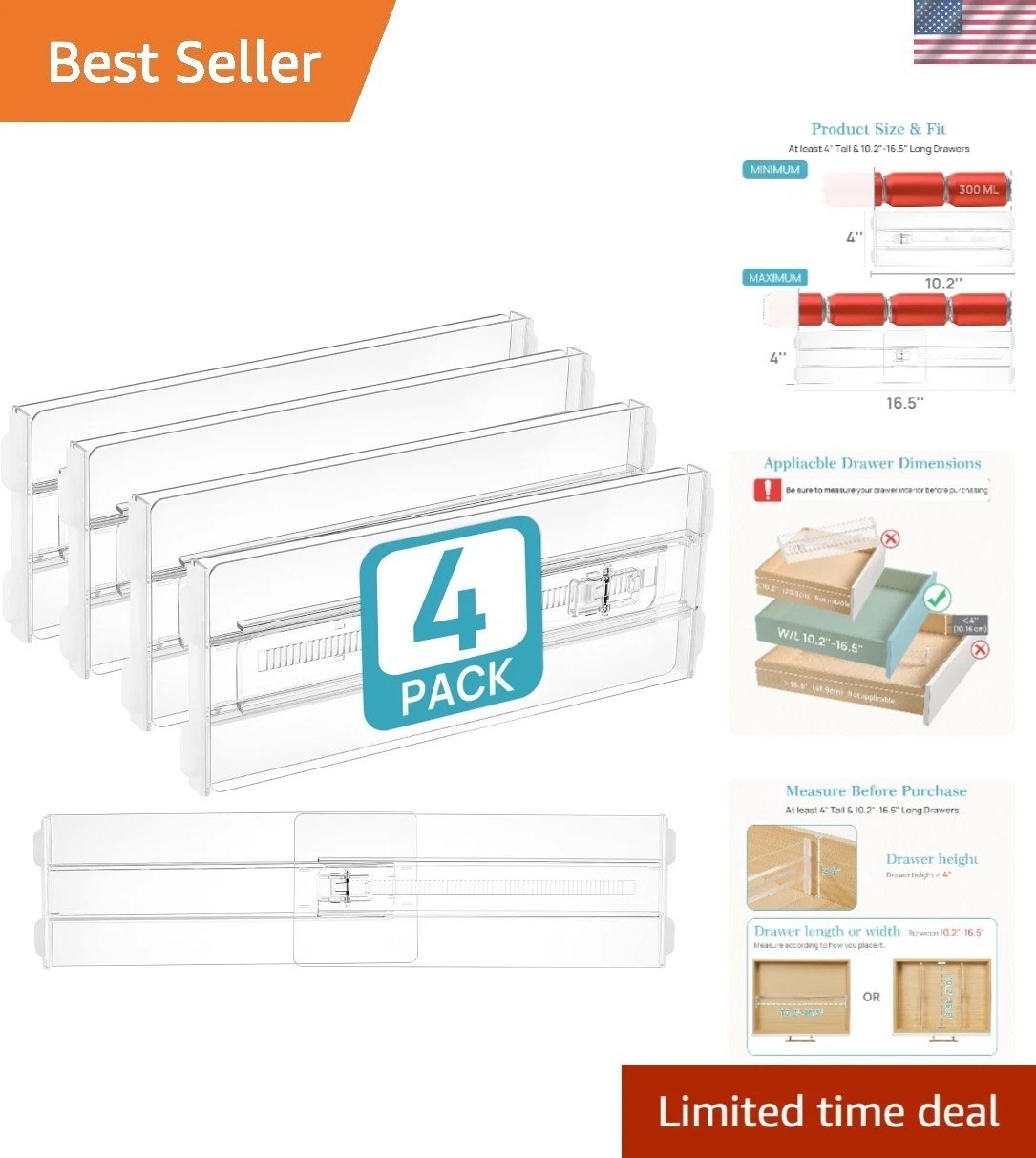 4 Pack Adjustable Drawer Dividers for Customizable Storage – 10.2″ to 16.5″