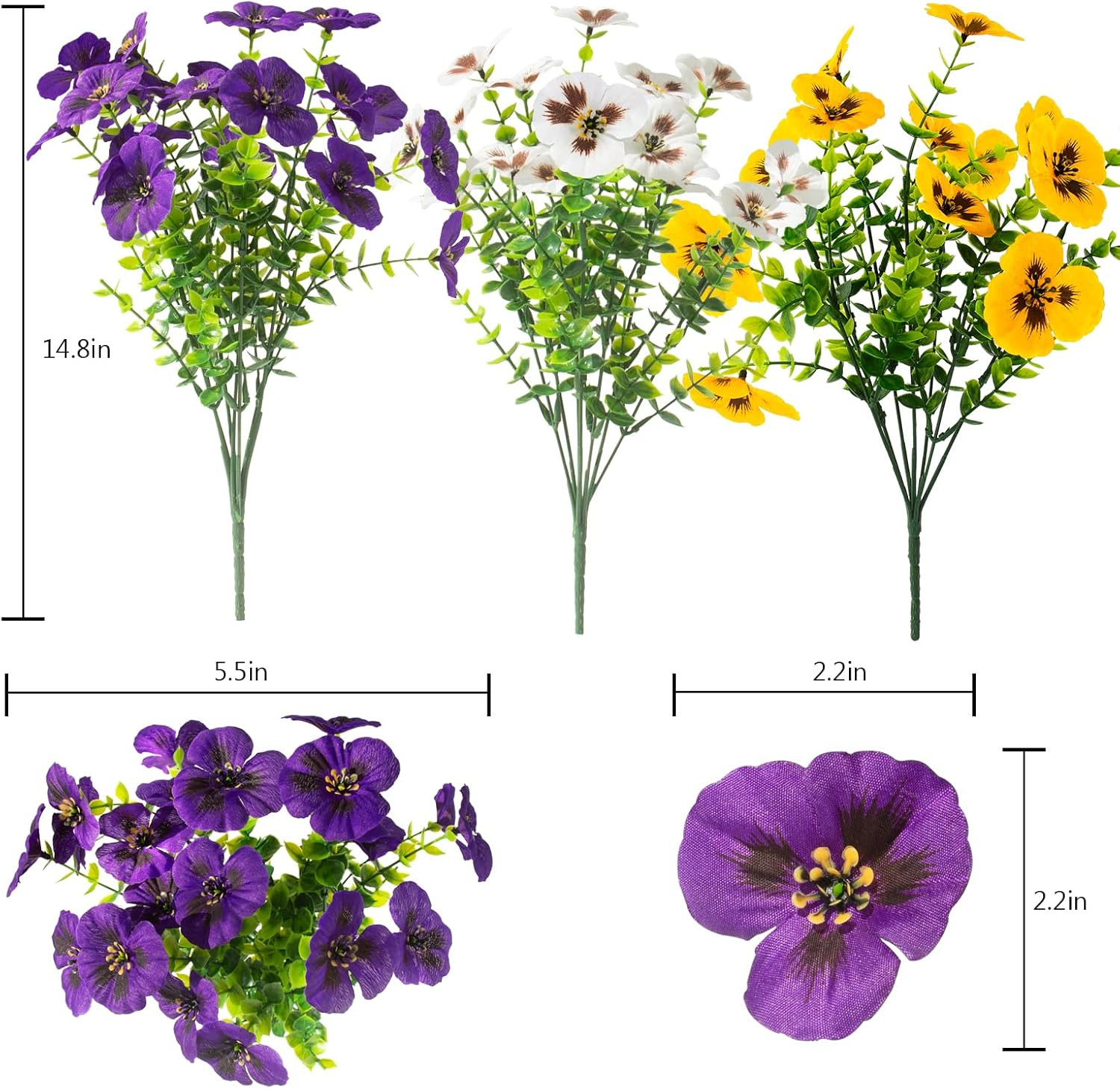 2 Sets Artificial Hanging Pansy Flowers with Baskets, 24 Pcs UV Resistant Faux S