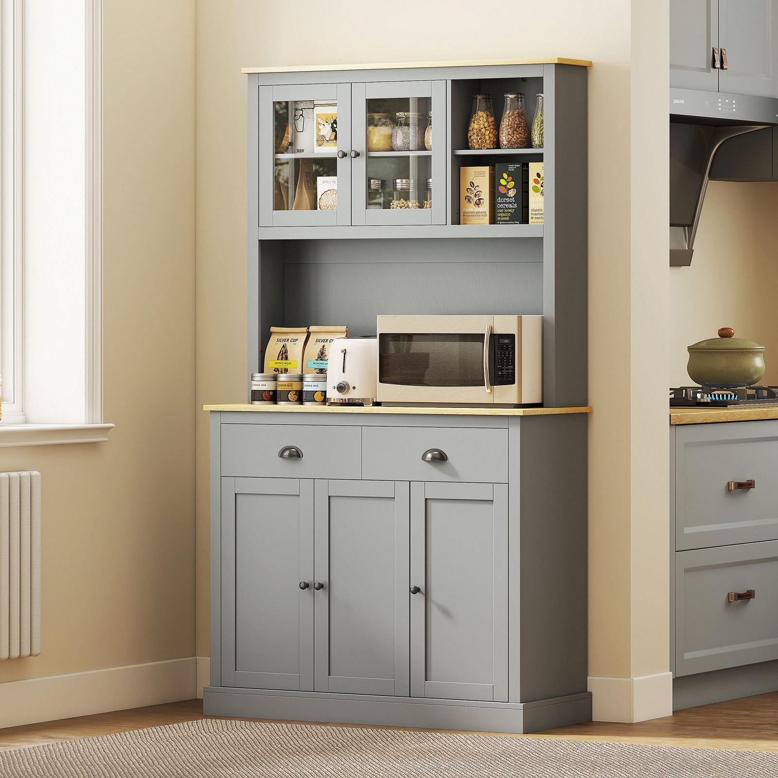 HOMCOM 71″ Kitchen Pantry, Modern Storage Cabinet with Drawers, Glass Doors