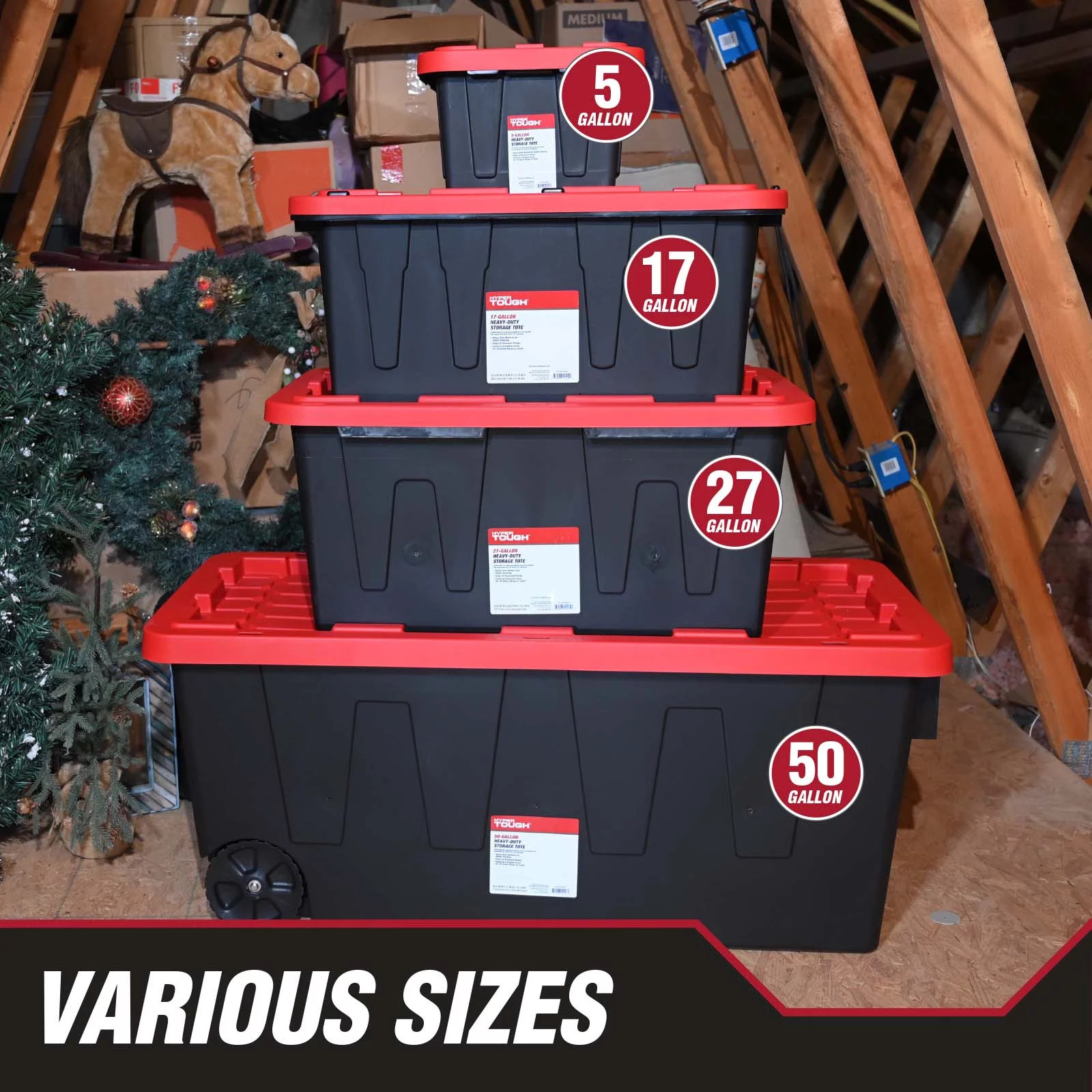 27 Gallon Large Storage Bin with Snap Lid, Black and Red, Heavy Duty Plastic Sto
