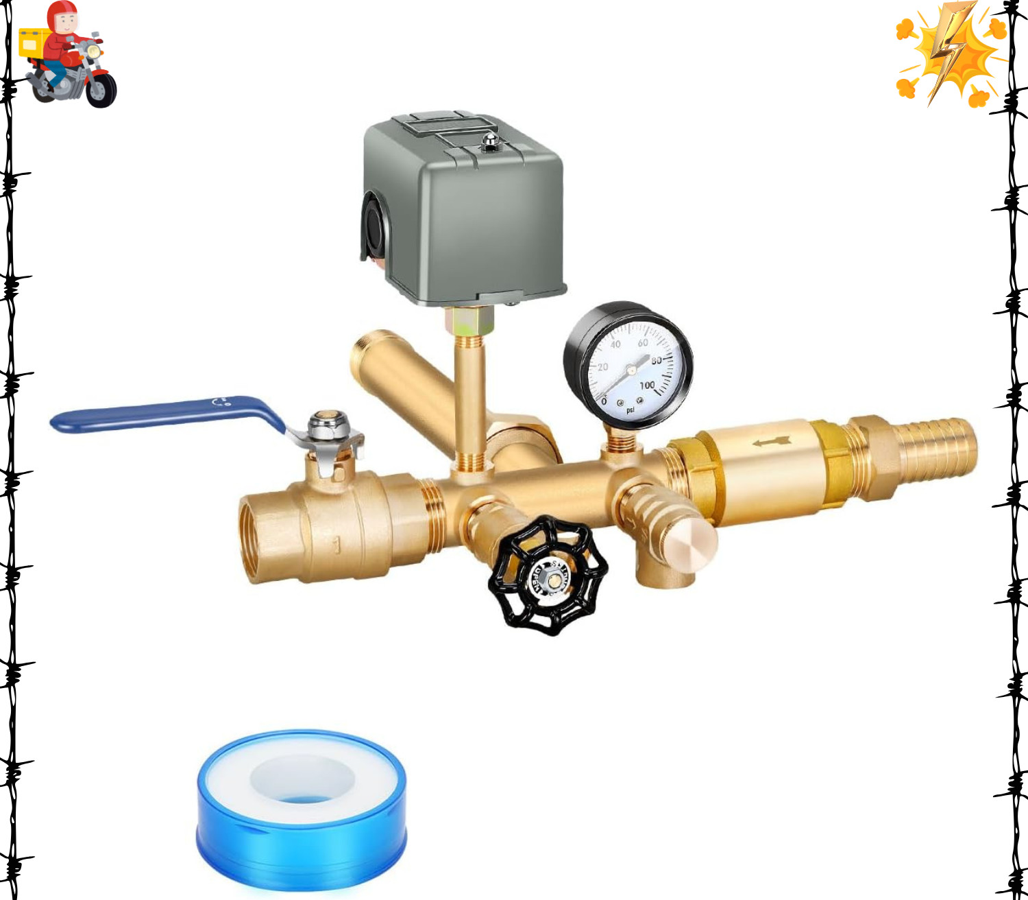 1″x 11″Well Pressure Tank Tee Kit with 40-60Psi Pressure Switch, Ball Valve, …