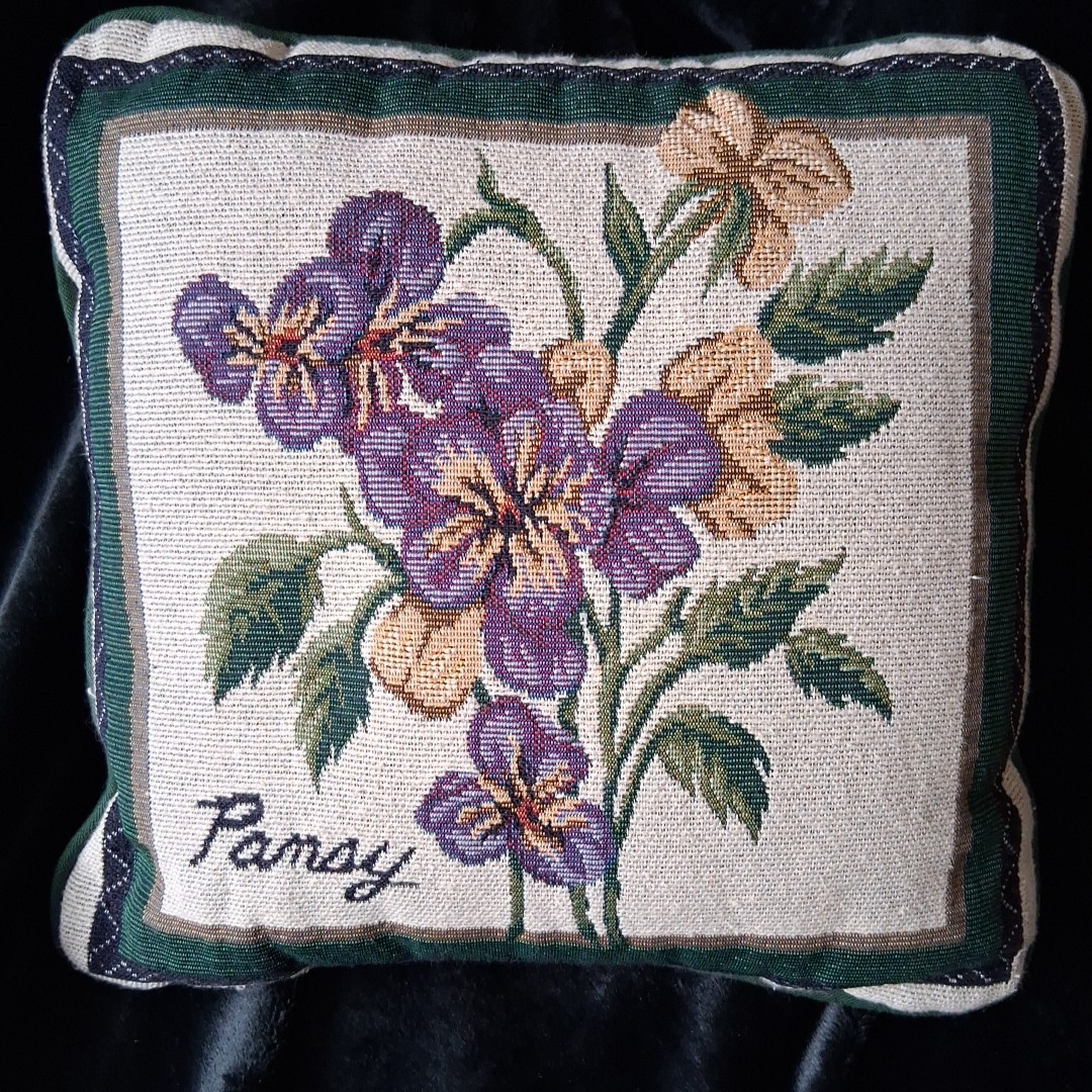 Needlepoint Throw Pillow Pansy Flowers 12″ x 12″ Green Cottage Granny Garden
