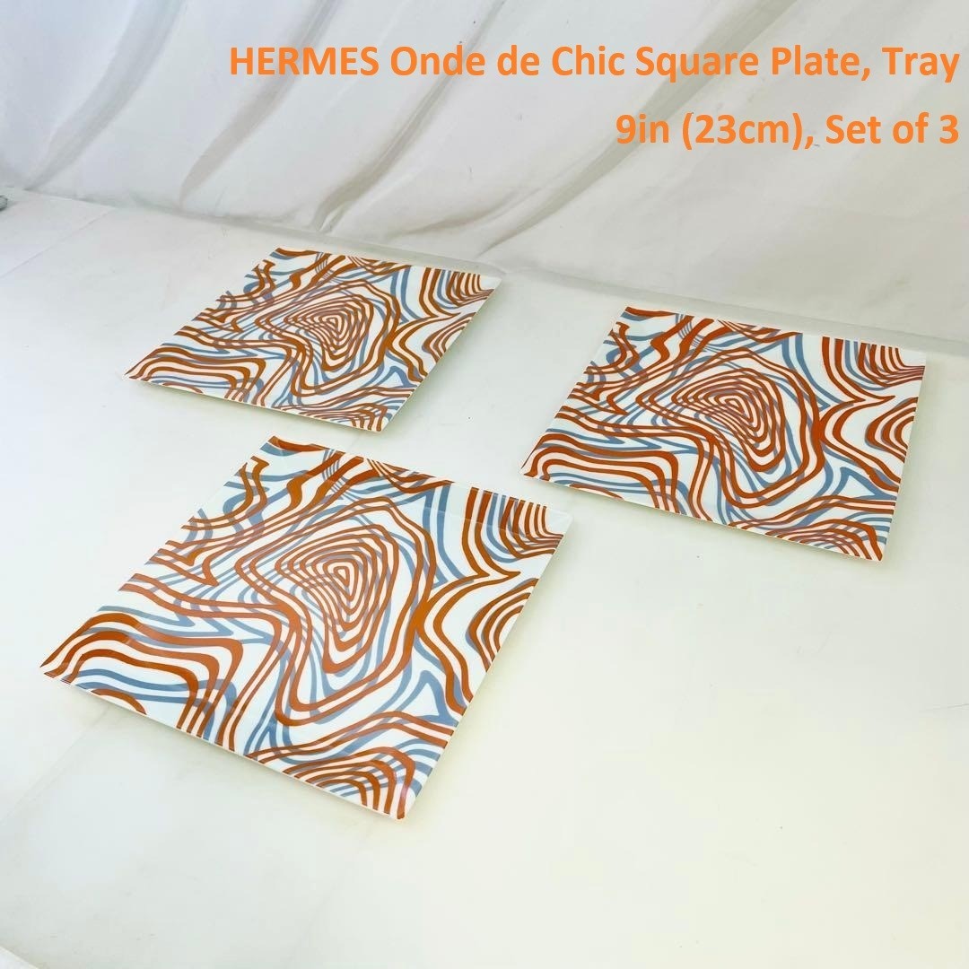 HERMES Onde de Chic Square Plate, Tray 9in (23cm), Set of 3 Tableware
