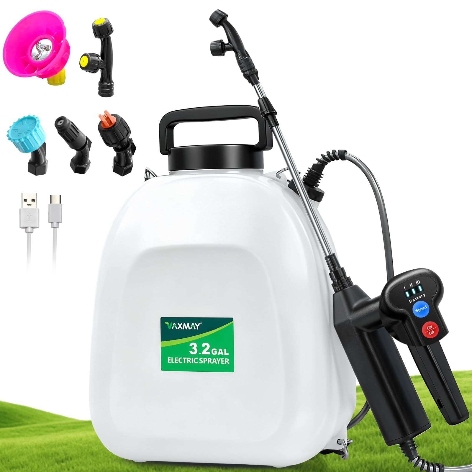 Battery Powered Backpack Sprayer 3.2 Gallon, USB Rechargeable, 5 Nozzles, Adjust