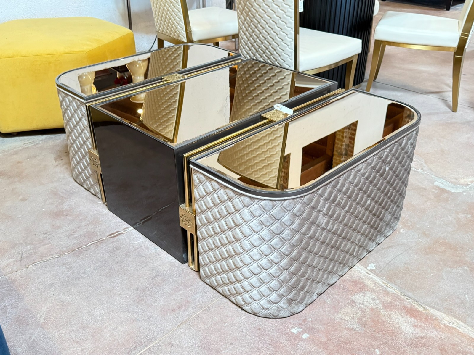 Luxury Modern Designer Coffee Table – Mirrored Top & Textured Upholstered Base