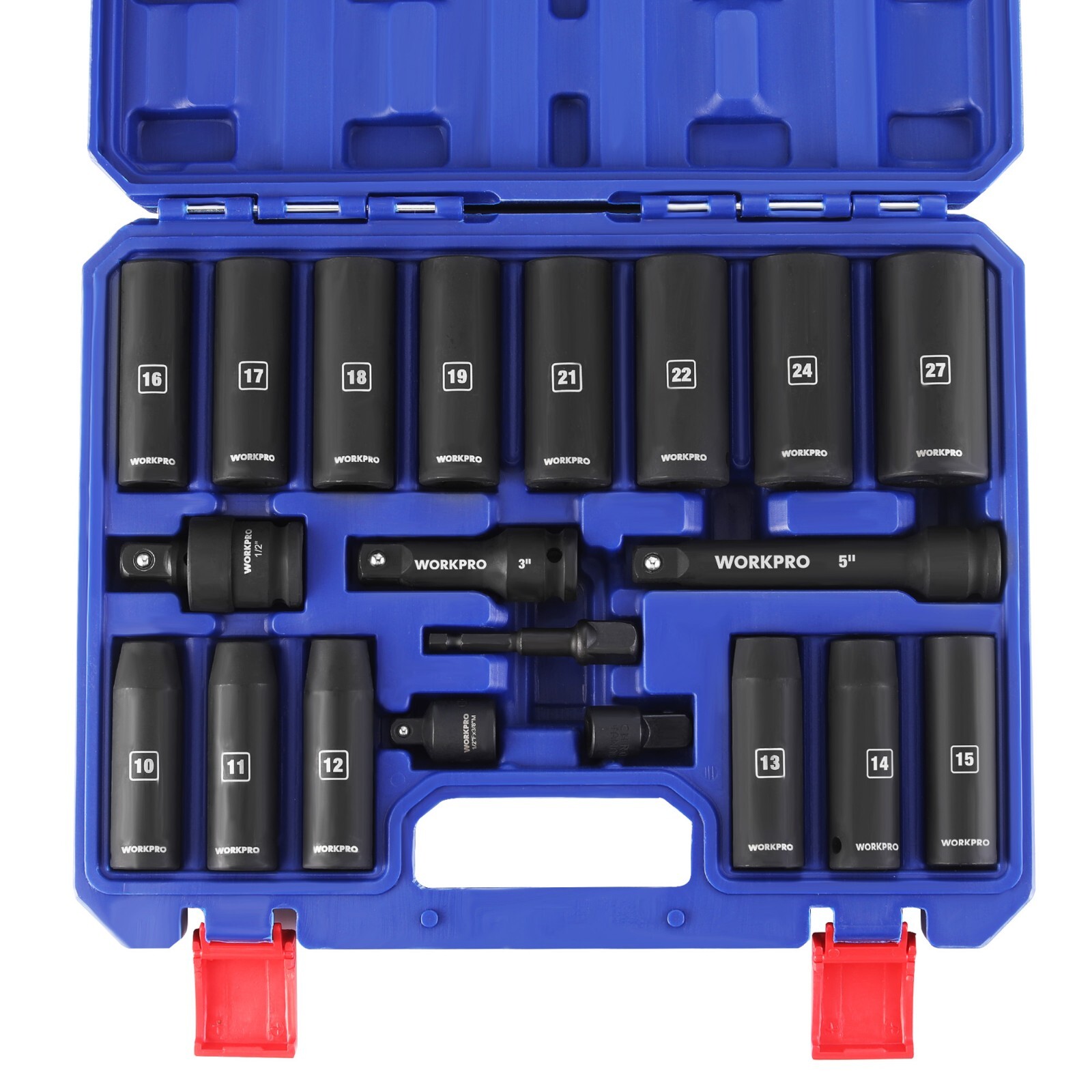WORKPRO 20-Piece 1/2＂ Drive Deep Impact Socket Set, 6-Point, Cr-V Steel 10-27mm