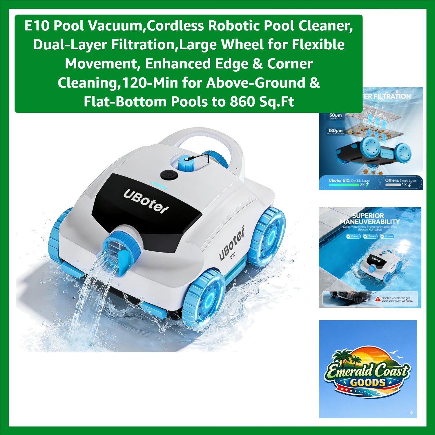 Cordless E10 Pool Cleaner with Dual Filtration & 120 minutes of Cleaning Power