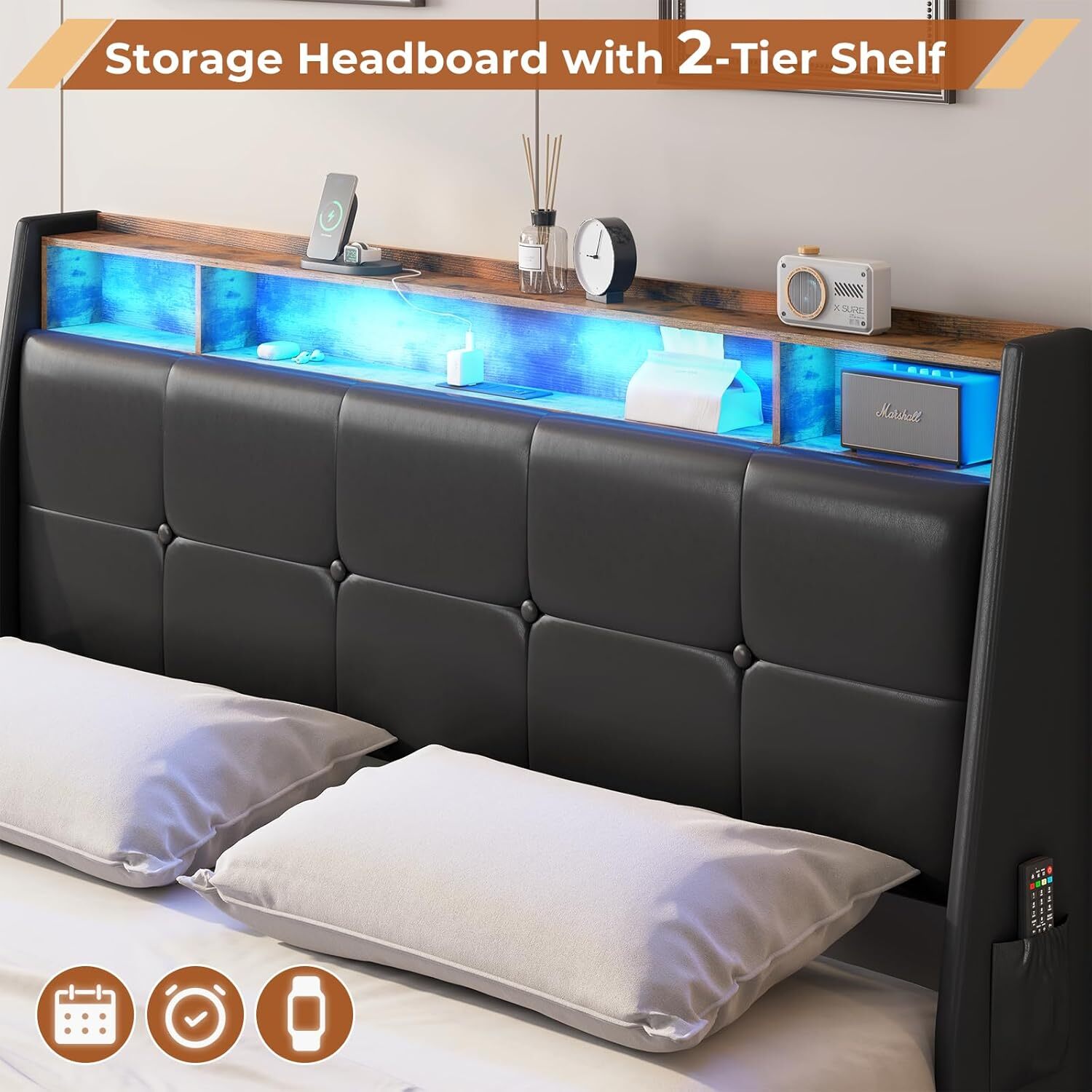 Queen Bed Frame with 4 Storage Drawers, Charging Station and LED Lights,PU Black