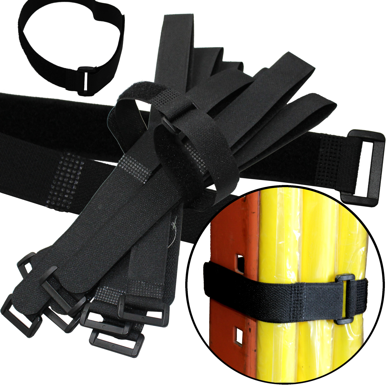 Durable 10 Hook and Loop Reusable Cable Tie Down Straps Kit 20 inch x 1″ Black
