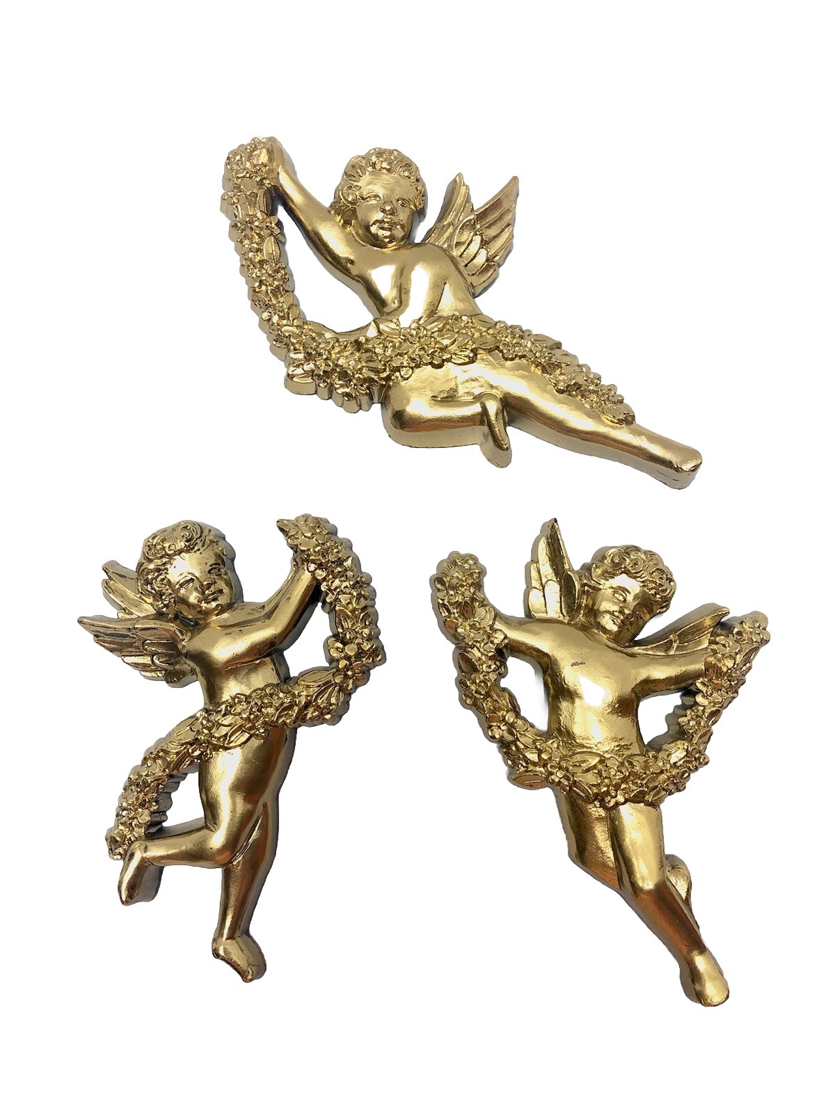 Vintage Syroco Gold Cherub Angel Hollywood Regency Wall Hangings USA 4.5” Set 3