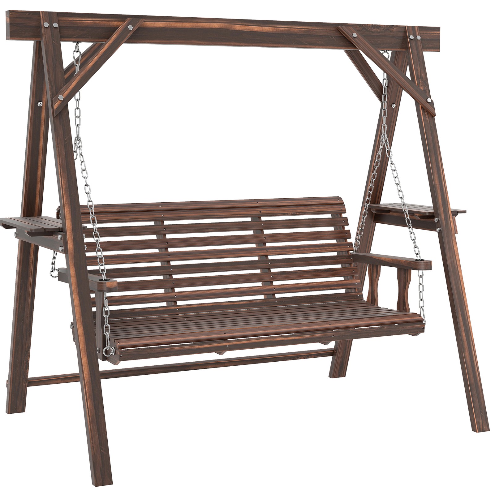 Outsunny 3 Seat Porch Swing with Stand and Side Tables, Carbonized Brown