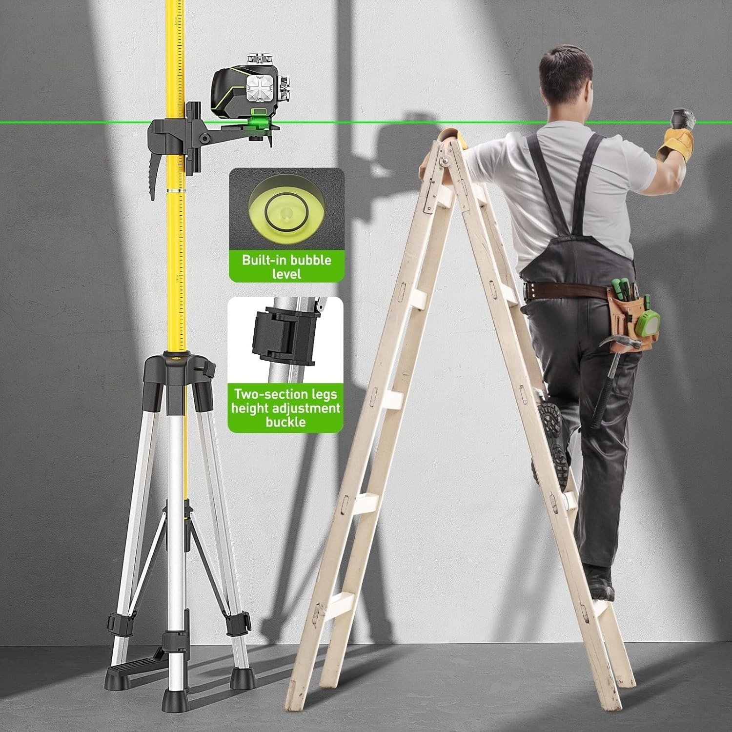 Telescoping Laser Level Pole with Tripod & Laser Mount, 13.8 Ft / 4.2 M