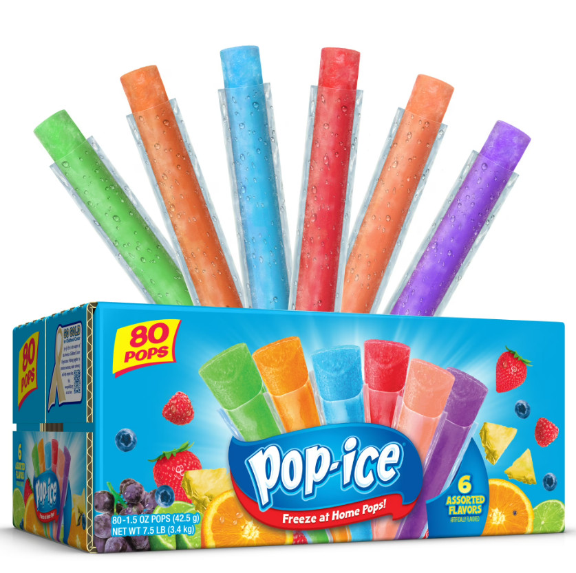 Pop-Ice Assorted Fruit Freezer Ice Pops, Gluten-Free Frozen Snack, 1.5 oz, 80 Ct