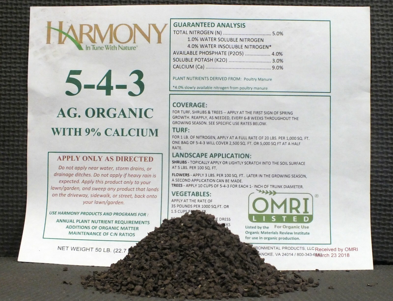 Chicken Manure, Harmony Ag Organic Fertilizer (5-4-3) 9% Calcium, soil Amendment