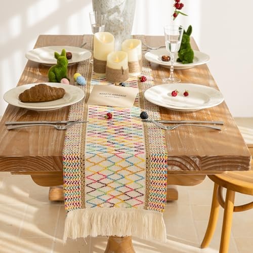 Boho Table Runner for Easter Decorations 12×48 Inches Farmhouse 48″L Colorful