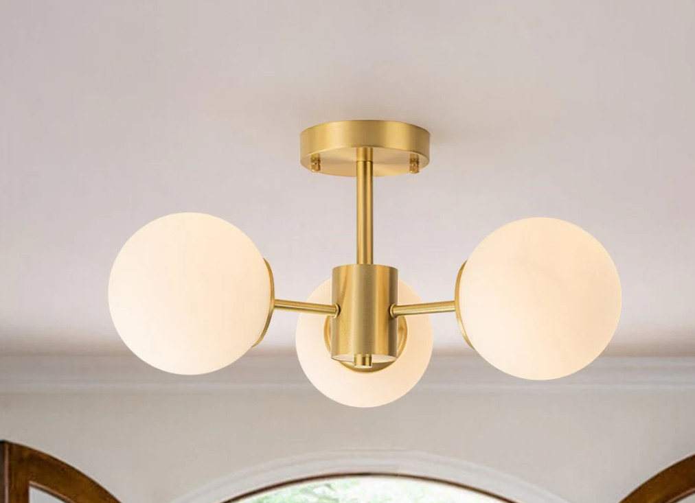 Modern 19 In Brass Semi Flush Mount Ceiling Light 3 Light Frosted Globe Gold