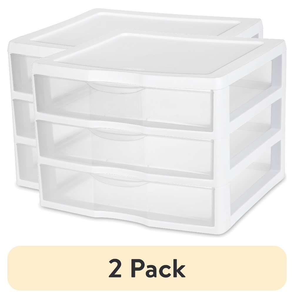 (2 pack) 3 Drawer Unit, Clear Plastic Countertop or Desktop Drawers, White