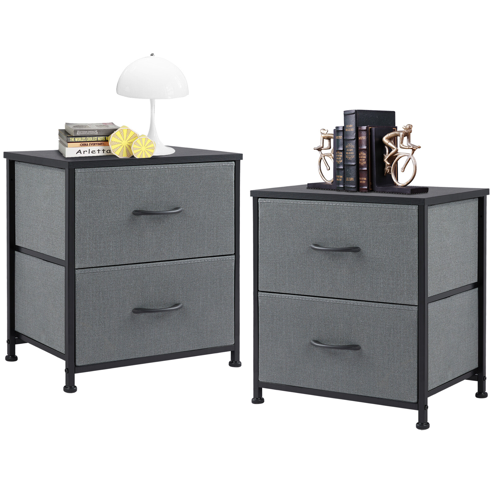 2-Set Nightstand Bedroom Side Table Small Dresser with 2 Drawers Fabric Bin