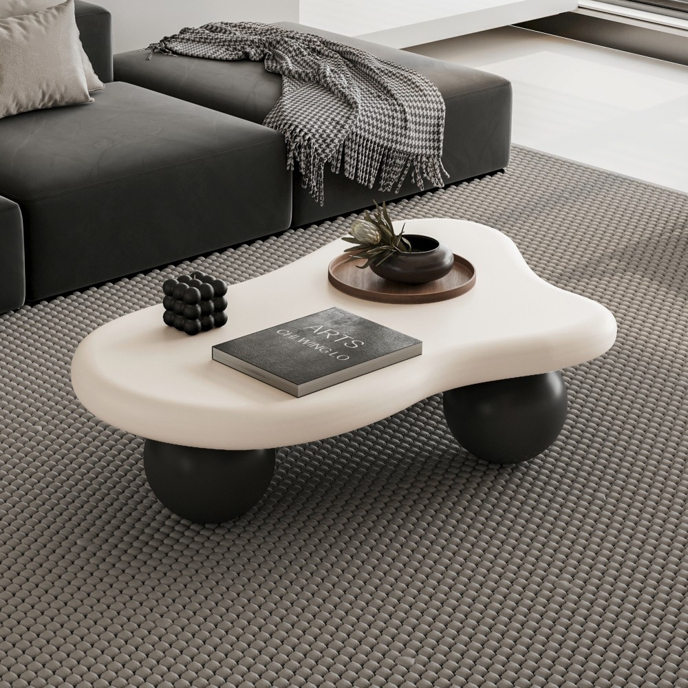 35″ Cloud Coffee Table, Petal-Shaped, Black Top White Legs, Spherical Base