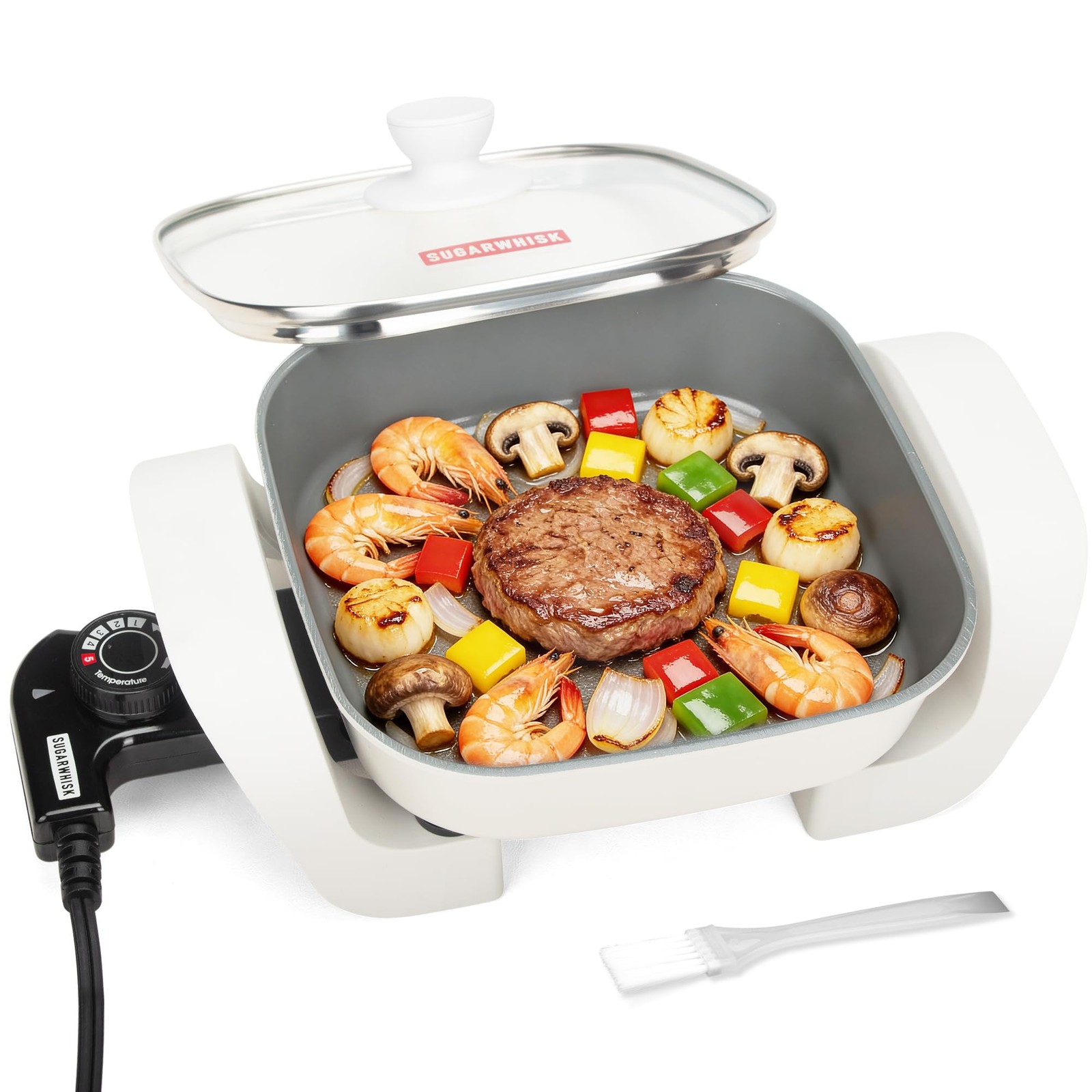 8-inch Ceramic Coated Electric Skillet with Lid, Non Stick Skillet Griddle Pan E