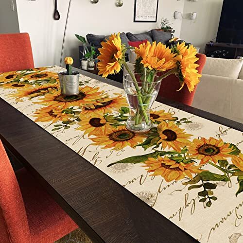 Fall Sunflowers Table Runner, Vintage Spring Summer Table Runner 13”X72”
