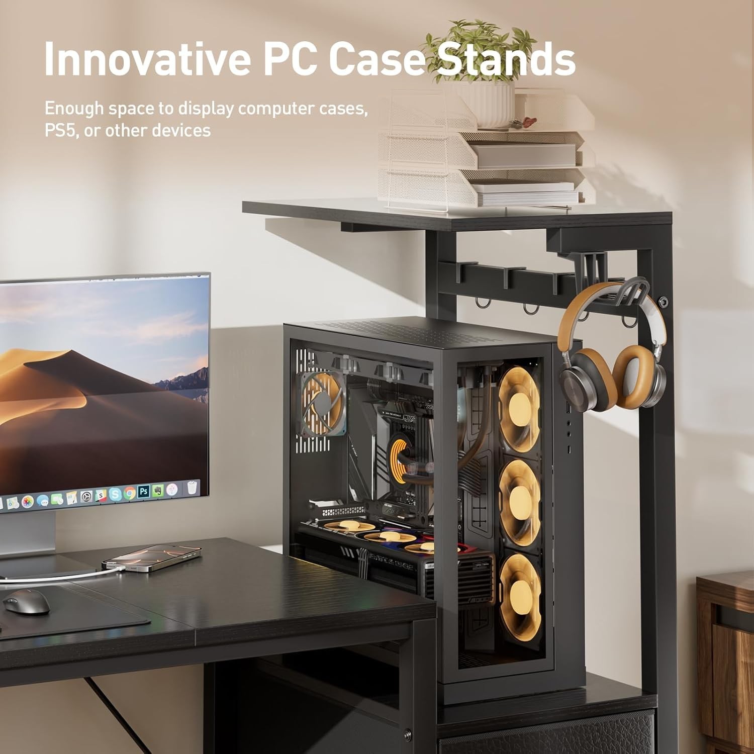 Gaming Computer Desk with Led Lights & Outlets, Gamer Desk with 3 Drawers