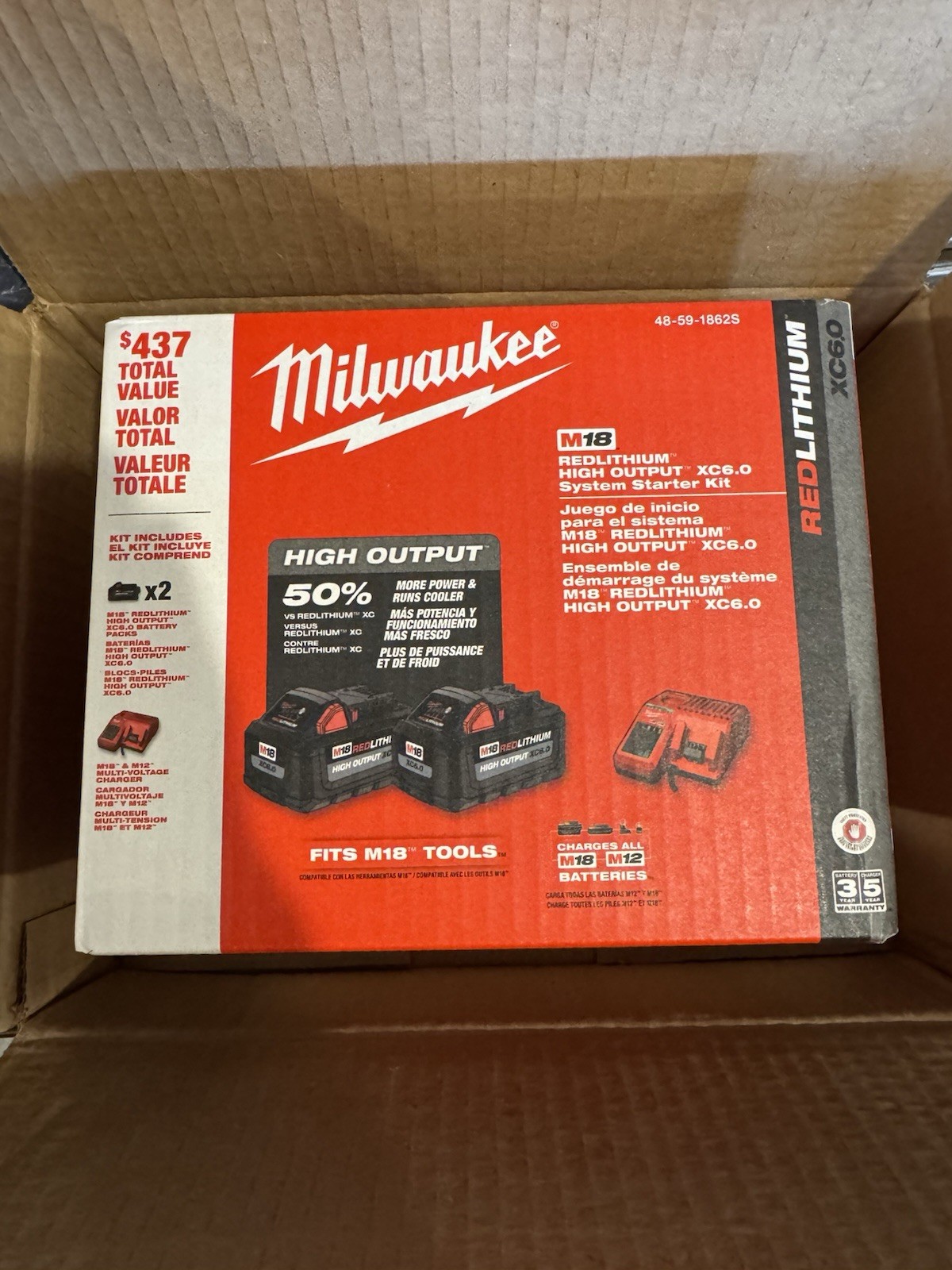 Milwaukee M18 48-59-1862s XC6.0 Ah 2X HIGH OUTPUT Batteries Charger Starter Kit