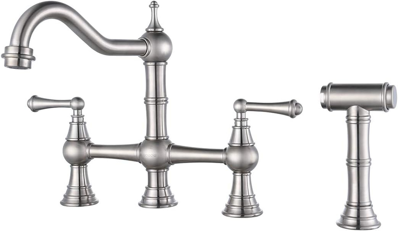 8 Inch Centerset Bridge Kitchen Faucet with Brass Side Sprayer 2 Handles 4 Holes