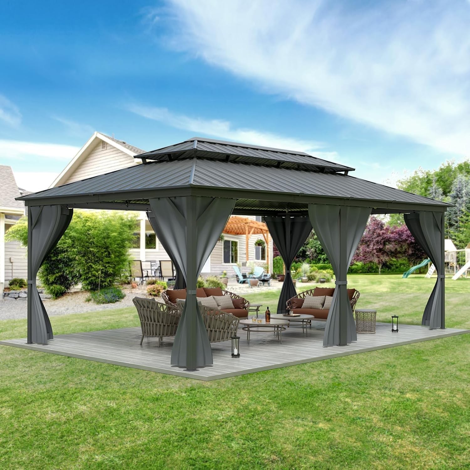 12×20 ft Gazebo Hardtop Metal Frame, Galvanized Steel Double Roof with Nettings