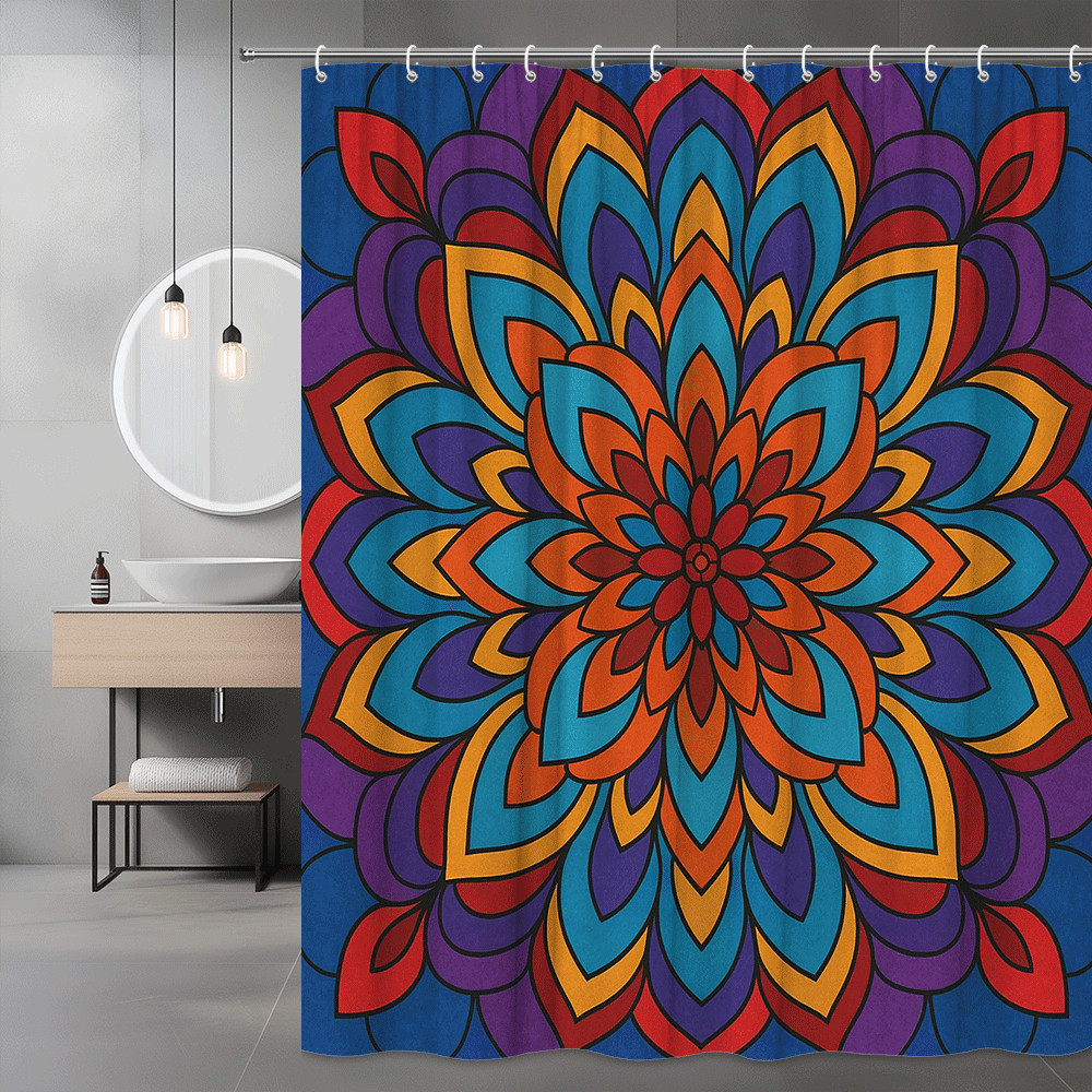 Colorful Mandala Floral Shower Curtain, Boho Geometric Flower Print