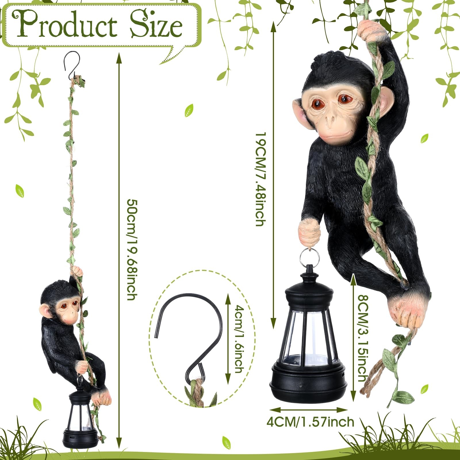 Solar Light Outdoor Monkey Statue Black 7.48 Inch Resin Chimpanzee Climbing