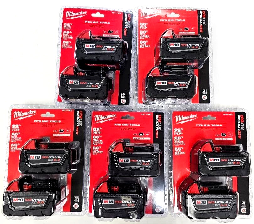 (10) NEW N PACK Genuine Milwaukee M18 48-11-1850 5.0 AH Batteries 18V 48-11-1852