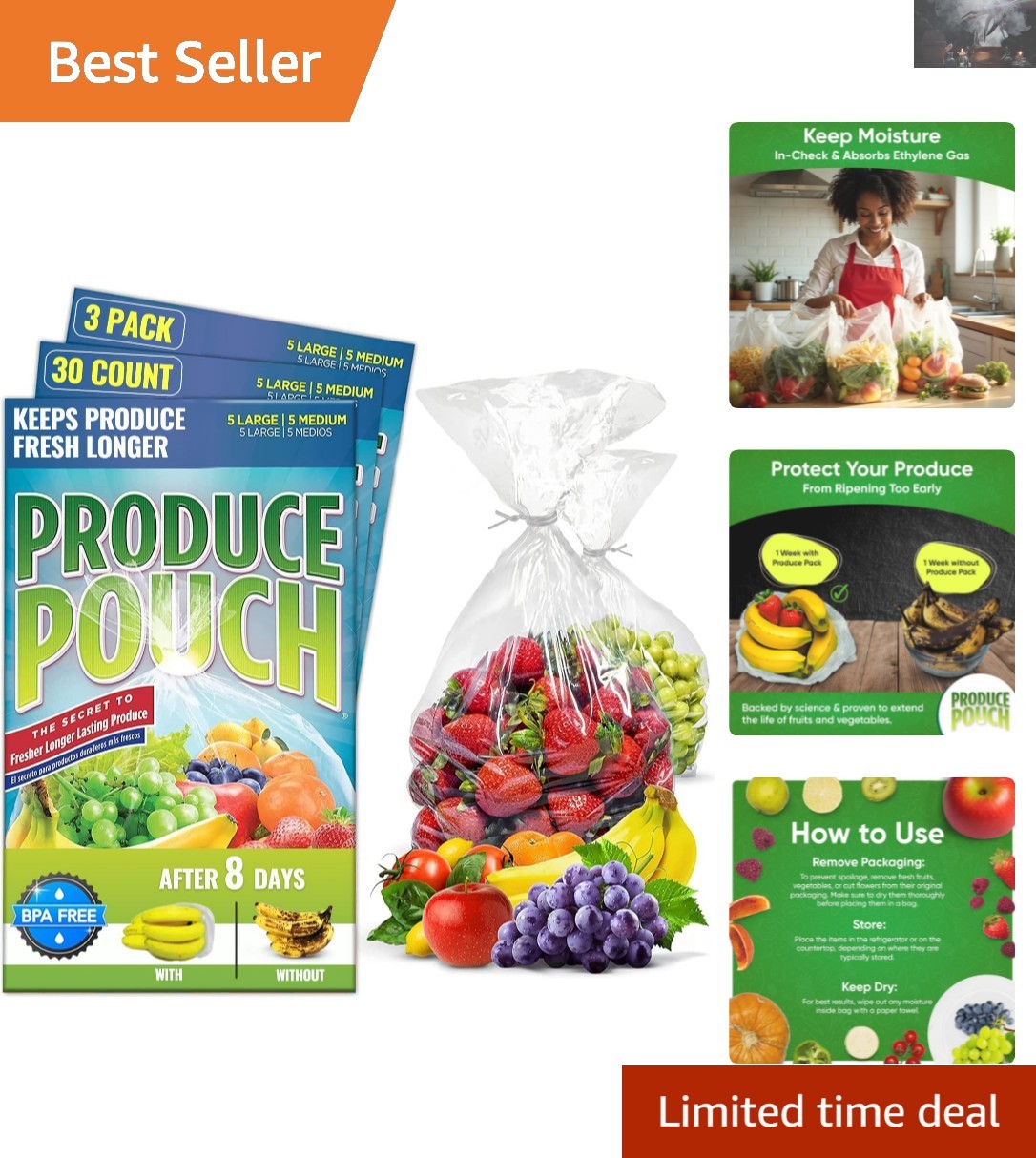 Eco-Friendly 30-Pack 15M & 15L Produce Bags – Extend Shelf Life Effortlessly
