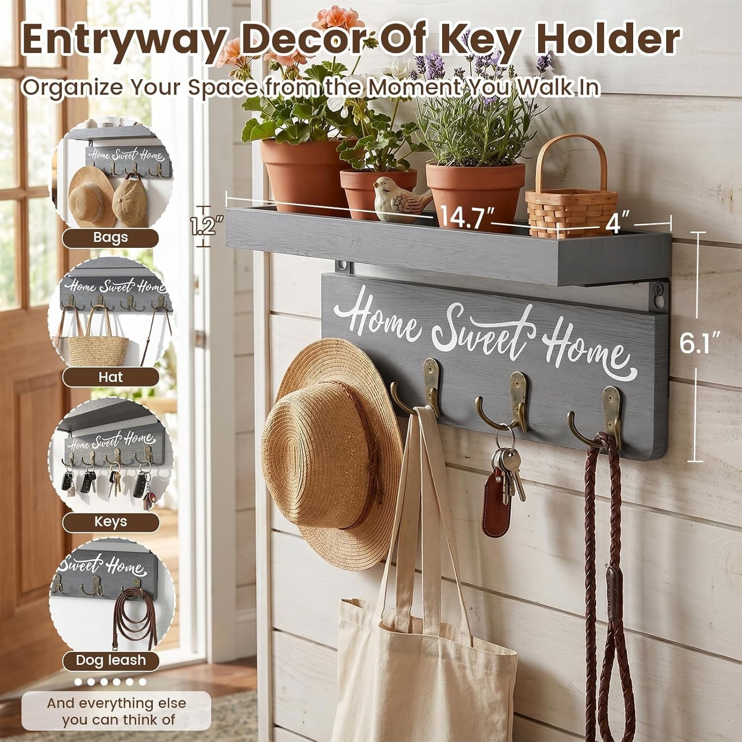 Key Holder Wall Mount with 4 Double Hooks-Solid Wood Wall-Mounted Organizer for