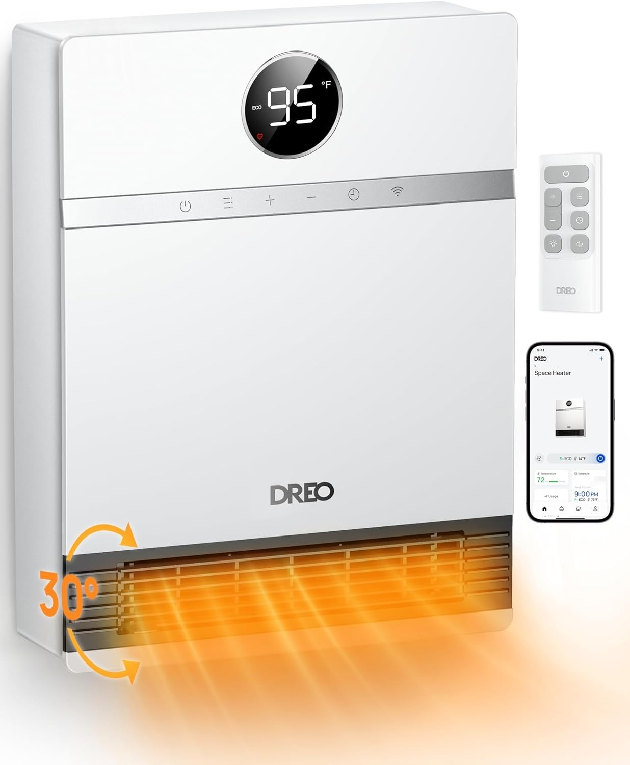 Dreo Smart Wall Heater Electric Adjustable Thermostat Oscillation Timer Remote