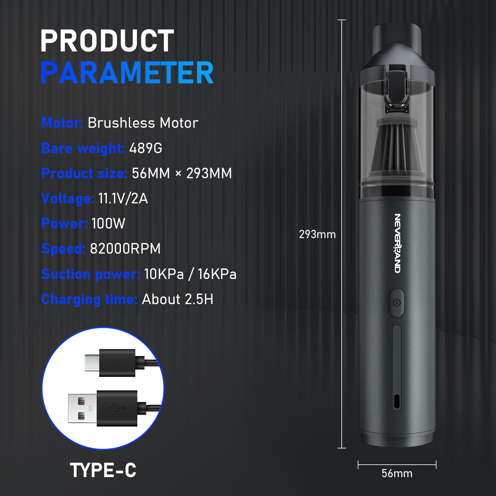 Cordless Handheld Vacuum Powerful Suction Rechargeable with Type-C for Home Car