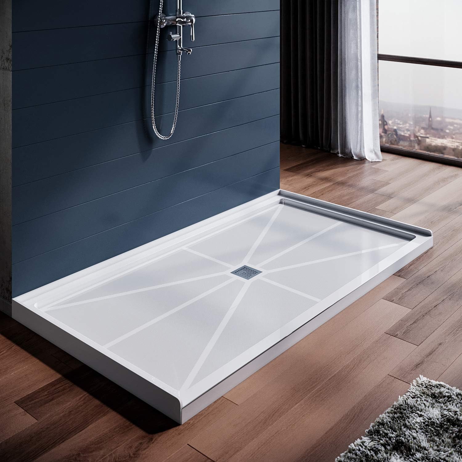 Shower Base 60”L x 36”W With Stainless Steel Curbless Shower Base in White