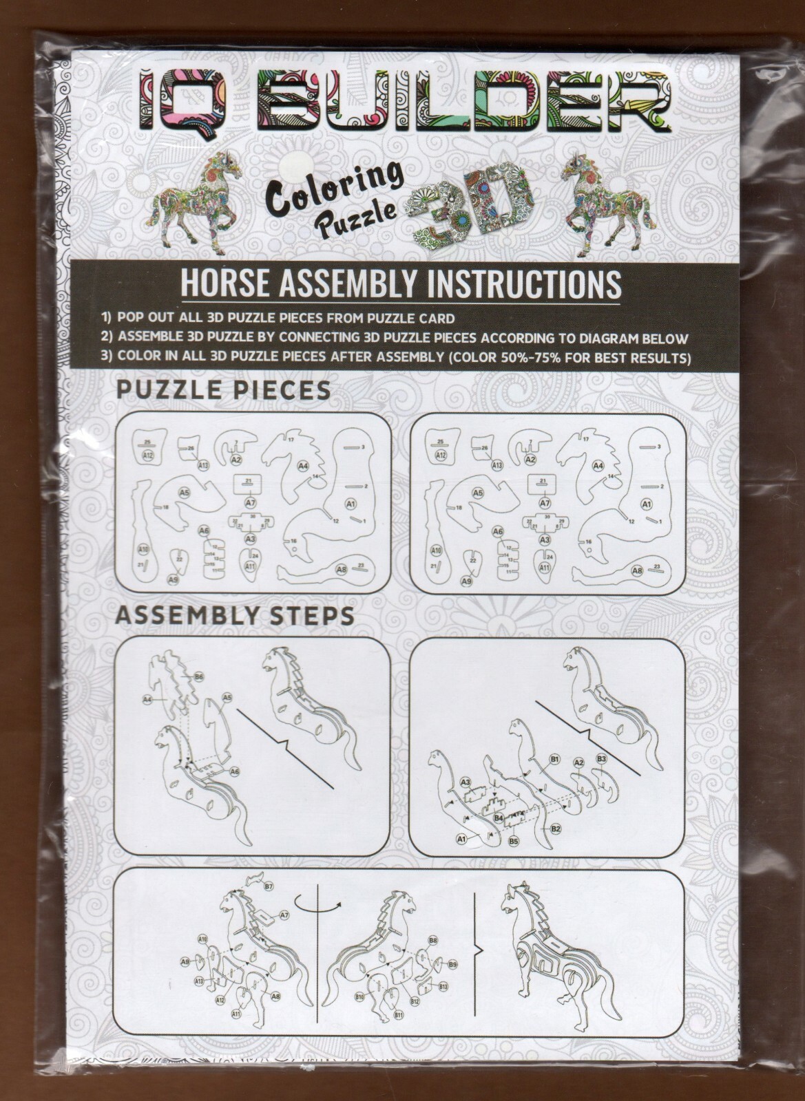 IQ Builder 3D Horse Coloring Puzzle, Floral Design with Assembly Instructions