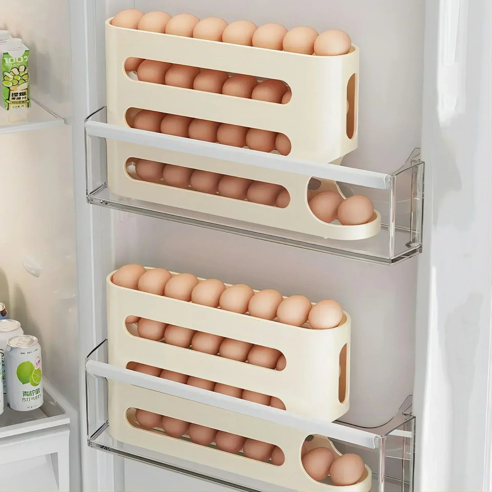 Automatic Rolling Egg Dispenser Organizer for Refrigerator 4-Tier Space-Saving