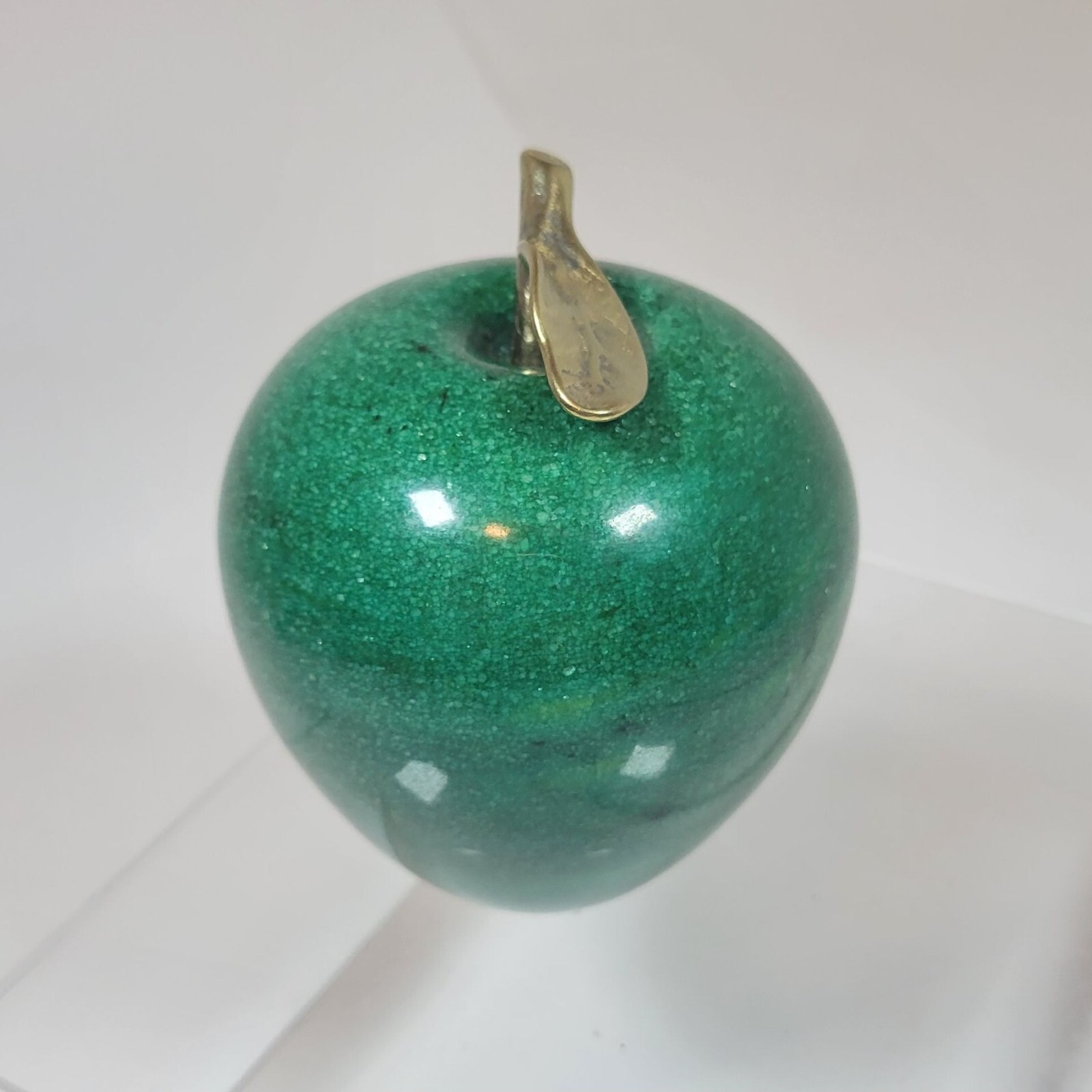 Antique Marble Green Apple, Green Stone Fruit, Apple with Golden Stem, Mid Centu