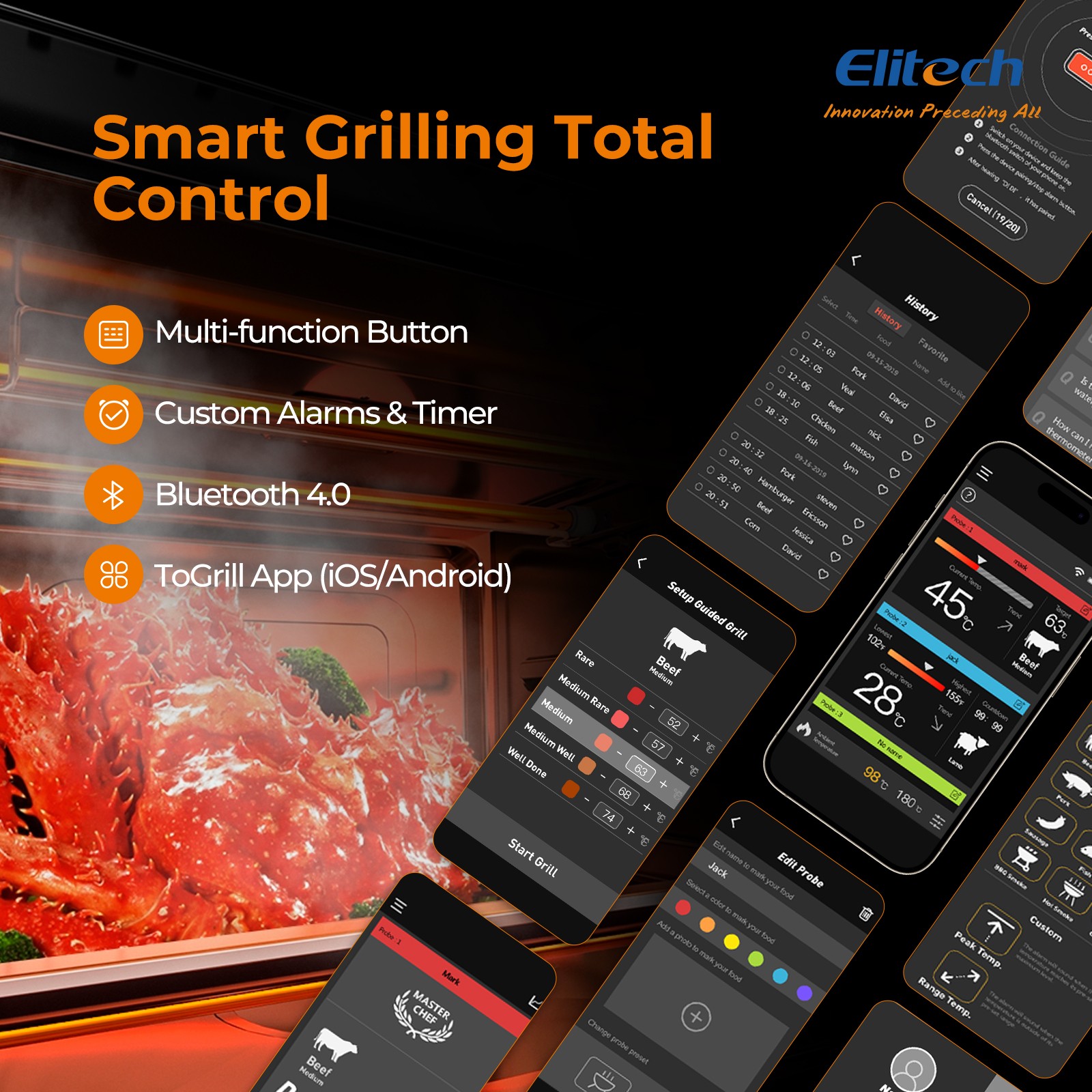 Bluetooth 4 Probe Meat Thermometer Wireless Roast BBQ Turkey Kitchen Cooking