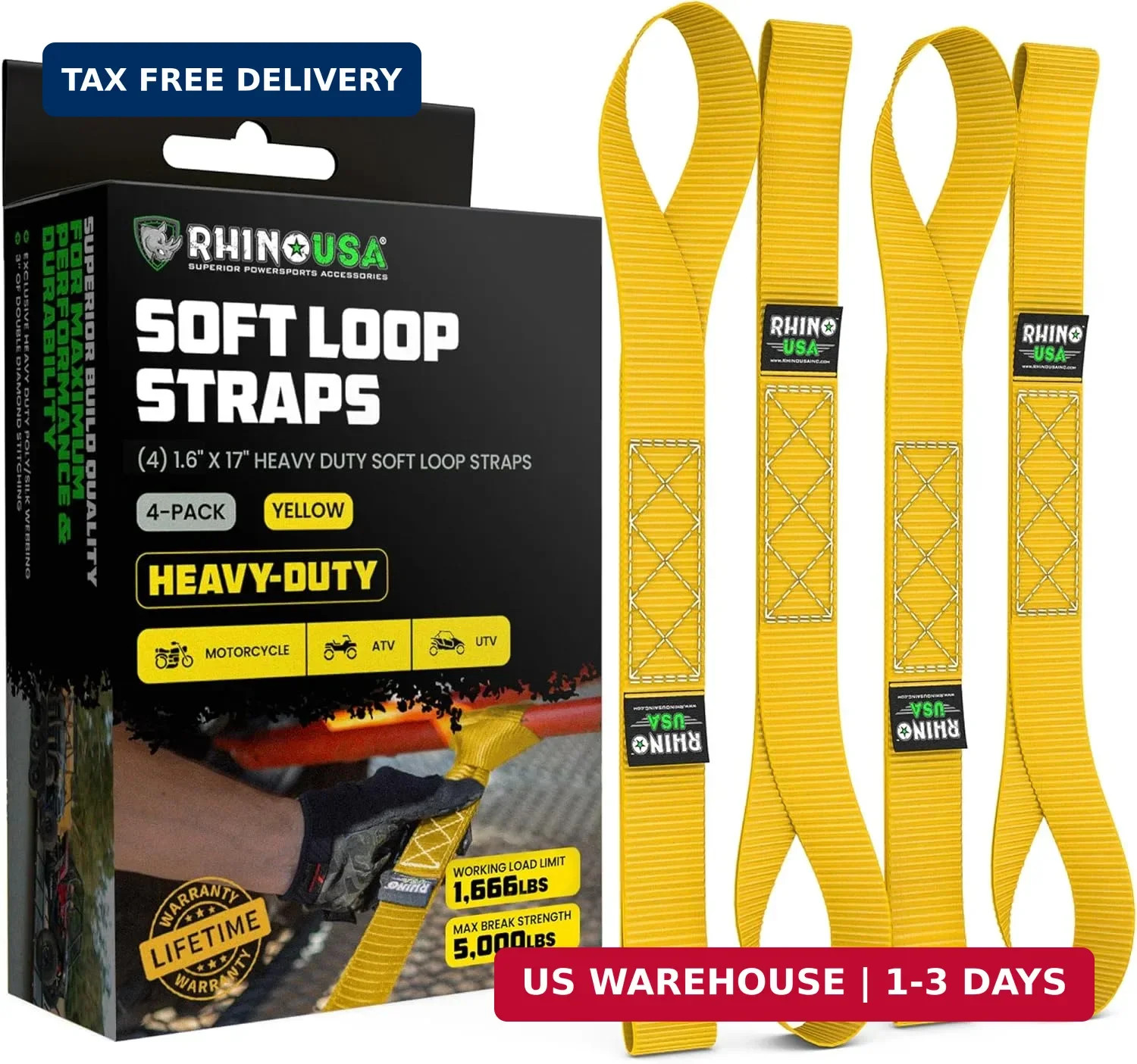 Rhino USA Soft Loop Tie Down Straps (4-Pack) – 1.6 Inch x 17 Inch (5,000 lbs Bre