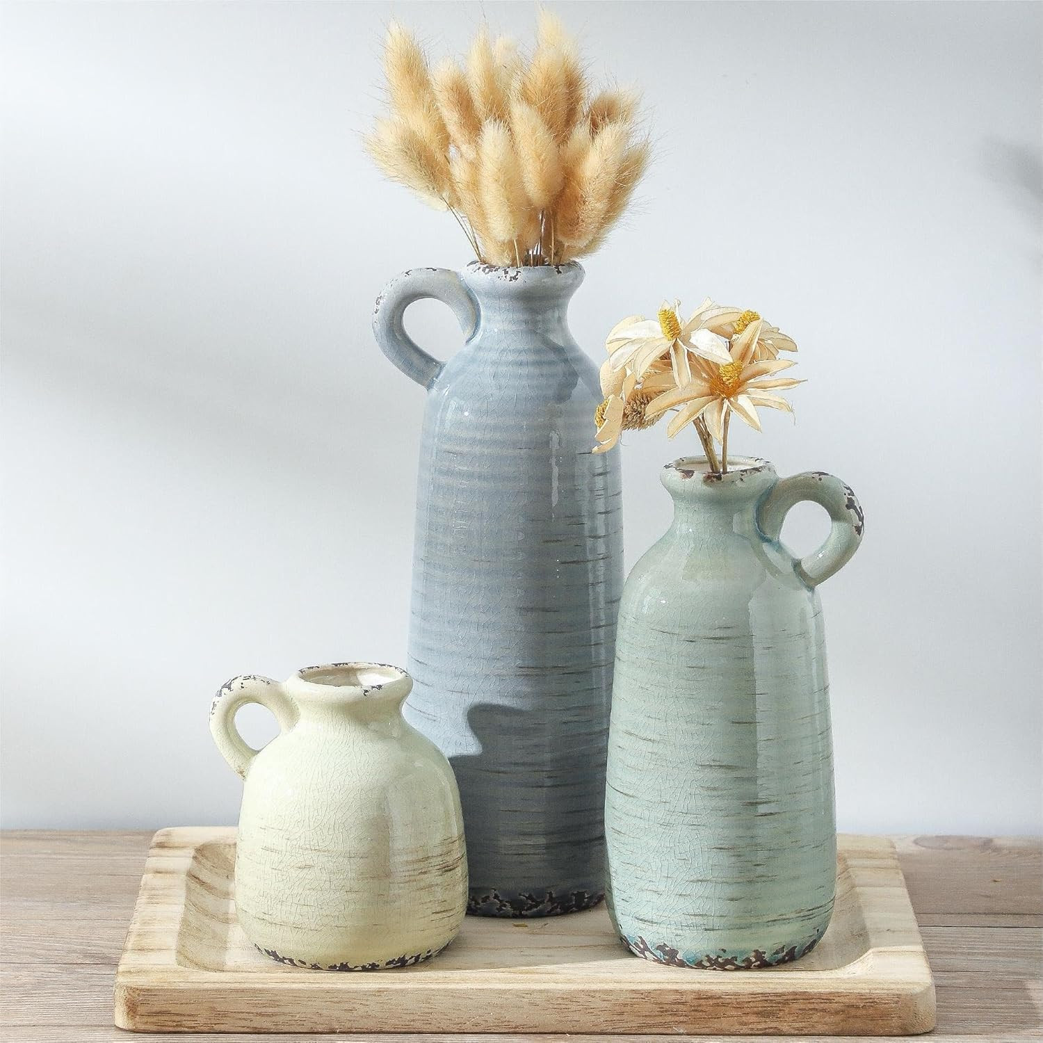 Ceramic Vase Set of 3 | Neutral Vase Home Decor with Handle | Pottery Modern Far