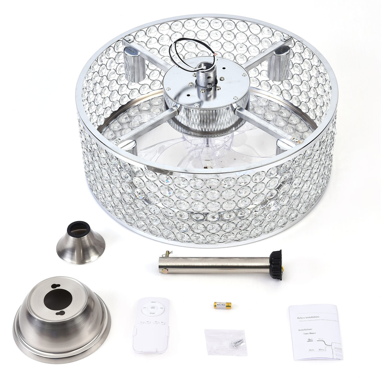 18″ Flush Mount Ceiling Fan Light Bladeless Crystal LED Chandelier Fan w/Remote