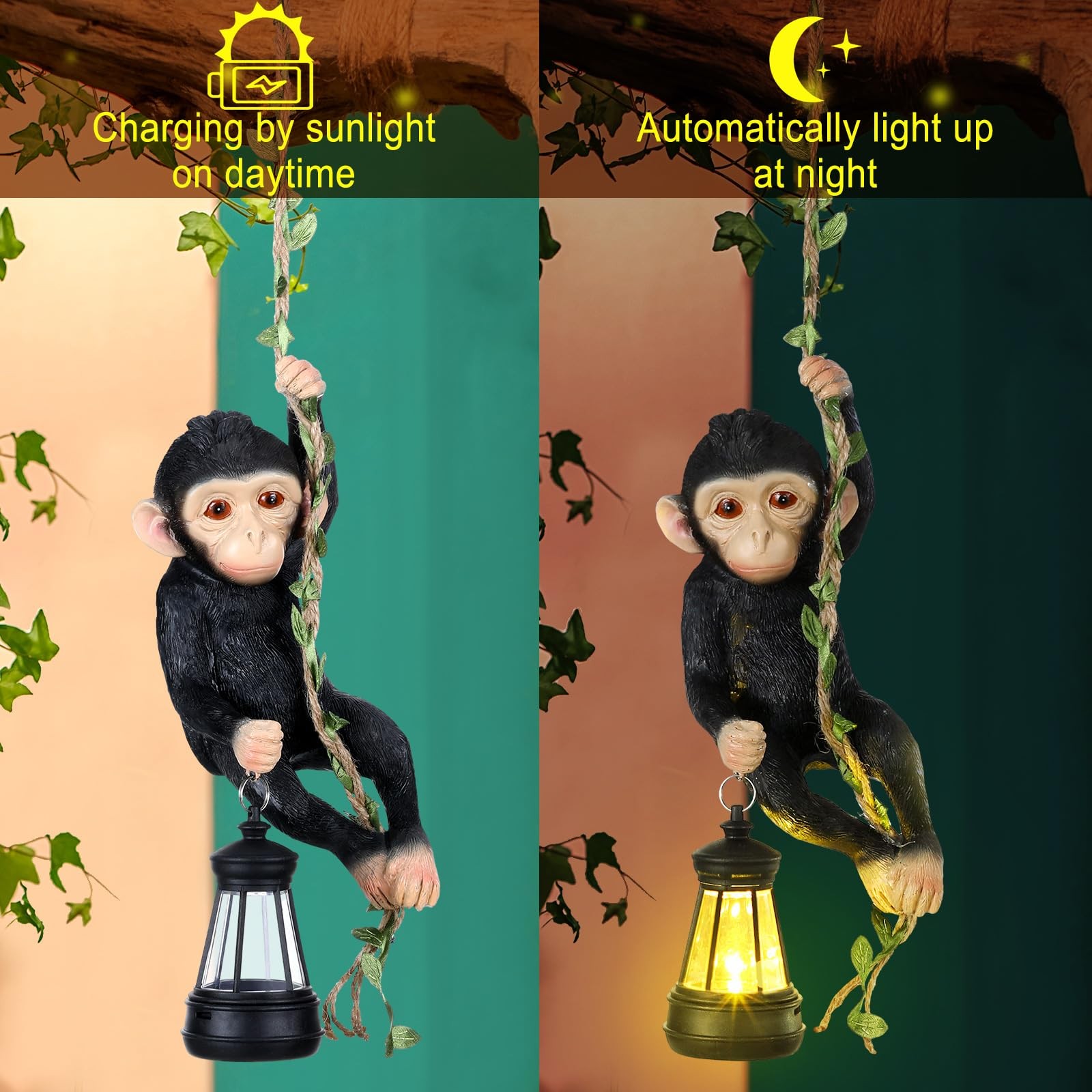Solar Light Outdoor Monkey Statue Black 7.48 Inch Resin Chimpanzee Climbing