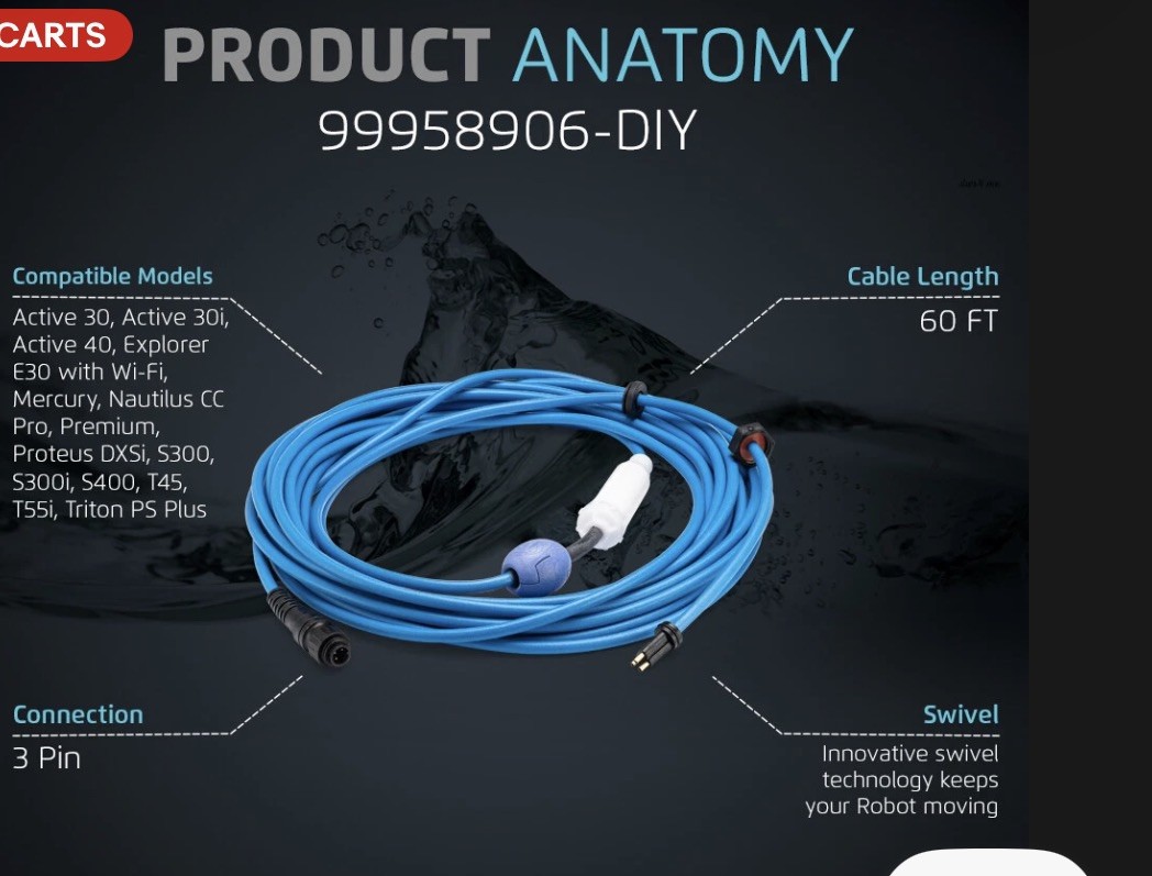 Authentic Dolphin Replacement Cable with Swivel (3 Wire) – 60ft, Maytronics